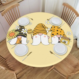 Famame Cute Sunflower Bee Gnomes Fitted Round Tablecloth Waterproof Table Cloth with Elastic Edge Wipe Clean Table Covers for Indoor Outdoor Fits 45"-50", Medium