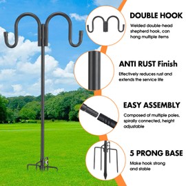 COCONUT Double Shepherds Hook for Outdoor, 62 Inch Bird Feeder Pole Bird Feeder Pole with 5 Prong Base, 5/8 Inch Shepherds Hook for Bird Feeder, Garden Hanger Stand for Wind Chime, Lantern