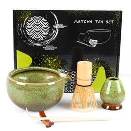 Matcha Set, 5 Pcs Matcha Kit Includes Matcha Bowl, Matcha Whisk, Whisk Stand, Bamboo Scoop, Spoon Rest, Japanese Tea Set for Matcha Lovers (Powder Not Included) (Kiln-Changed Green)