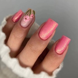 MISUD Press on Nails Short Square Fake Nails Glossy Glue on Nails Pink Acrylic Nails Squoval Artificial Nails Cute Flower Stick on False Nails with Bling Glitter Design 24 pcs
