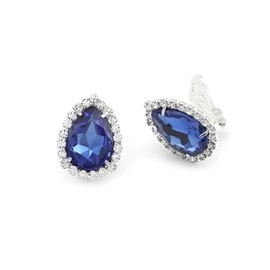 Silver Crystal Rhinestone Wrap with Sapphire Teardrop Center Clip Earrings, Rhinestone