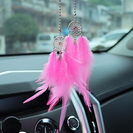 LEAUNGYOO Dream Catcher, Car Pendant, Dream Network, Car Decoration, Car Accessory, Interior Decoration, Gift, Decoration, Feather, Small, Quiet Driving (Gray) (Pink)