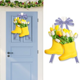 Cinnvoice 20 Pcs Spring DIY Rain Boot Wreath Front Door Hanging Artificial Flower Wreath with White and Yellow Tulips Wave Pattern Ribbon Rain Boot Wreath for Front Door Indoor Outdoor All Seasons