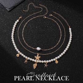 Reaky Pearl Layered Necklaces Gold Beach Starfish Pendant Necklace 3 Pcs Shell Necklaces Chains for Women