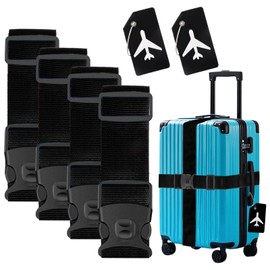 Lymshine Luggage Strap Set of 4 with Luggage Tag Set, Suitcase Strap Eye-catching, Suitcase Straps 2 m Adjustable, Luggage Straps for Suitcase, Black Luggage Strap for Quick Recognition Luggage