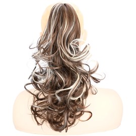 BOBIYA 13 Inches Claw Clip in Loose Curly Synthetic Wrap Around Ponytail Extensions Pony Tail Clip In Extensions (Dark Brown Mix White Blonde)