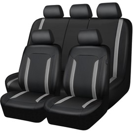 CAR PASS Universal Leather Car Seat Covers Full Set, Waterproof Durable PU, Airbag SRS, 2zipper in Rear, Faux Leather Seat Covers 5 Seats Fit for SUV Pick-up Truck Vehicle Black with Grey