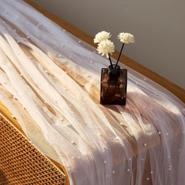 Camino de mesa de 10 pies de perlas blancas de tela de tul con encaje para despedida de soltera, fiesta de cumpleaños, boda, velo de arco, decoración de mesa de postre, 29.5 x 120 pulgadas