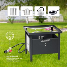 MASTER COOK 70000 BTU Propane Burner, Outdoor Camp Stove Adjustable 0-5 Psi Regulator with 1-Meter Safety Hose, Suitable for Camping, Backyard and Picnic, Cast Iron, 18.9 * 18.9 * 16.9 inch