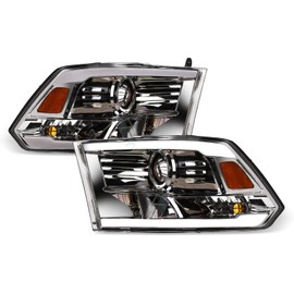 TLAPS 7422442645626 Compatible With 2009-2018 Dodge Ram 1500/2019-2023 Classic / 2010-2018 2500 3500 DRL LED Strip Bar Chrome Housing Projector Headlights With Amber Reflector