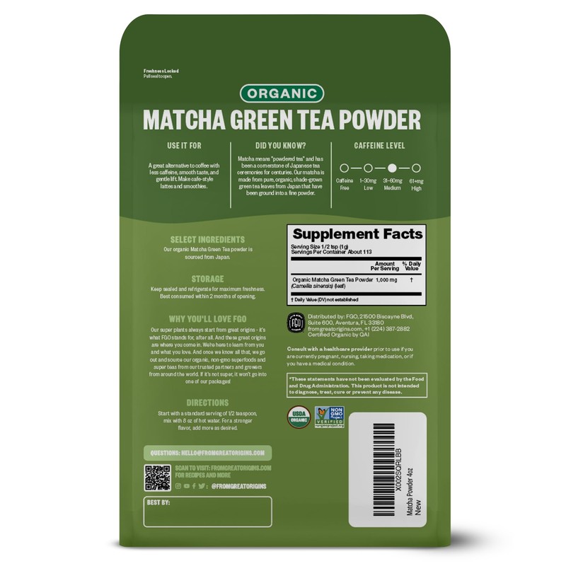 FGO Organic Matcha Green Tea Powder, Japanese Culinary Grade for