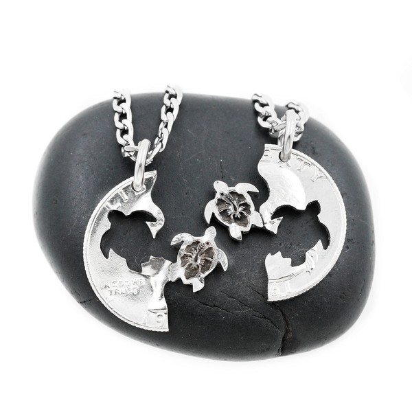 Sea Turtle Best Friends Necklaces with Hibiscus Flowers Engraved in