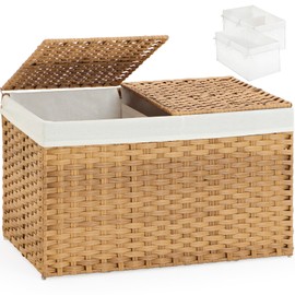 SETVSON Storage Basket with Lid Wicker Baskets for Storage with 2 Separate Lid 42.3 Gallon (160 L) Rattan Storage Basket with 2 Liners and Handles Woven Storage Basket for Bedroom Laundry Natural