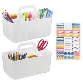 giteo bedding Storage Baskets, 2 Pcs Plastic Organiser with Handle, Stackable Portable Container for Bathroom, Office, Craft, Cupboards (White)