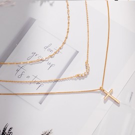 Poxtex Gold Necklace for Women Dainty Cubic Zirconia Necklace 3 Pcs 14K Gold Stack Necklace Set Small Tiny Diamond & Cross Pendant Necklaces for Women Trendy Layered Gold Jewelry Gifts