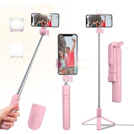 Selfie Stick Tripod, 40in Retractable Phone Tripod with  Remote Control & Light, Portable Selfie Stick Tripod for Photograph, Video Recording, Compatible with All Cellphones (Pink) - Colour: White