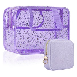 Playexen Clear Makeup Bags, Clear Travel Toiletry Bag with Extra Small Glitter Cosmetic Bag, Waterproof Essential Organizer Pouch for Sports Travel Beach (Stars-Purple)