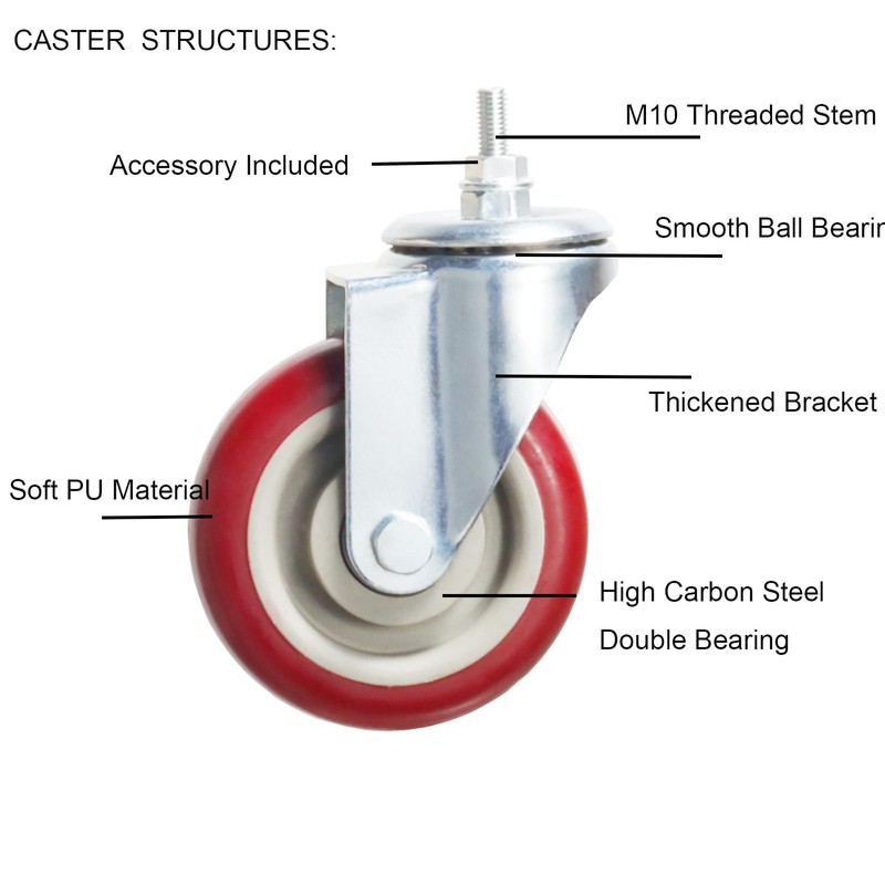Swivel Stem Casters, Heavy Duty Double-Locking Castors with Red PU
