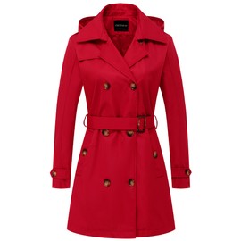 CREATMO US Women's Double Breasted Trench Coats Casual Lapel Long Sleeve Dresses Jackets Outwear with Belt Red XL