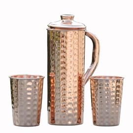 Pure Copper Hammered Jug 1 Litre Capacity with 2 Cups for Ayurveda Health Benefits (100ml)