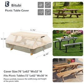 Bitubi 70 / 72 Inch Heavy Duty Waterproof Picnic Table Cover - 600D Tough Canvas Wind Dust Proof Anti-UV Outdoor Patio Table Bench Covers Winter