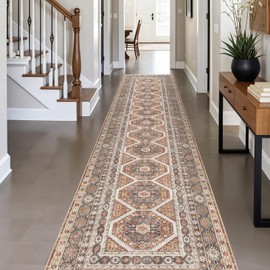 3x14 Runner Rug Kitchen Washable: Oriental Indoor Hallway Runners with Non Slip Backing Floor Mat for Entryway Door Low Pile Thin Carpet for Bedroom Bathroom Living Room Bedside Brick