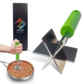 Stainless Steel Meat Masher and Tenderizer with Soft Grip Handle – Heavy Duty Handle & Mashing Head for Ground Beef, Meat, and More – Mighty Meat Masher by Xidgets (Zippy Green)