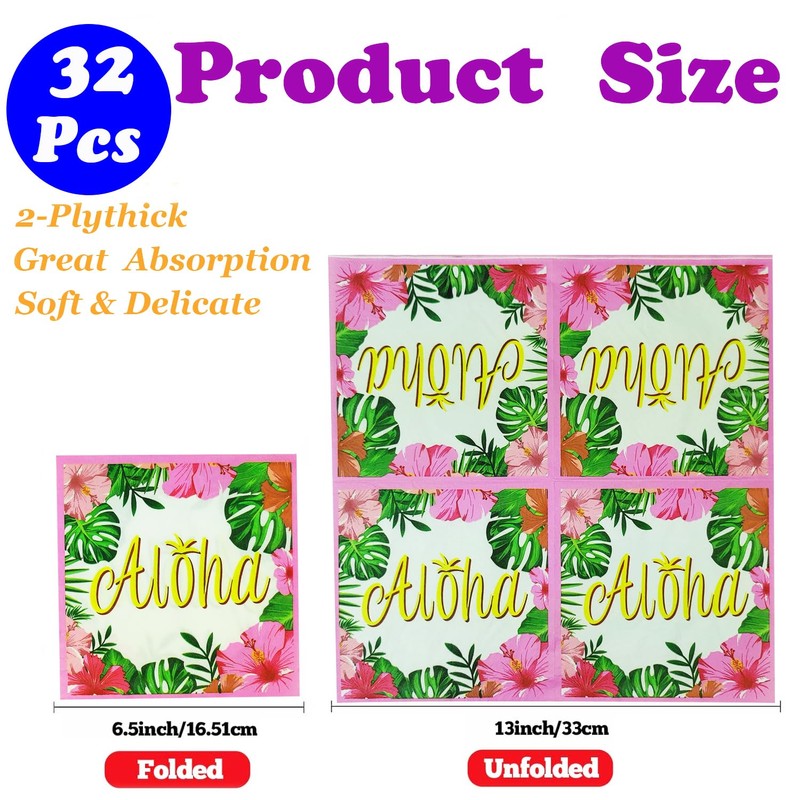 Hawaiian Napkins Disposable Paper, 32Pcs, 6.5in