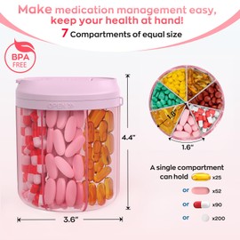 Hionxmga Pill Dispenser with 7 Large Compartments, Pill Bottle Organizer for Travel, Supplement Organizer with Anti-Mixing Design, BPA-Free Pill Container with 20 Pcs Labels, Pink