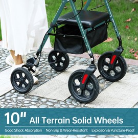 ELENKER All Terrain Rollator Walker for Seniors with 10” Wheels, Sponge Padded Seat and Backrest, Fully Adjustment Frame, Green