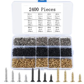 2400 Pcs M2 Screws, Small Screws for Wood Screws Assortment Set, Phillips Flat Head Self-Tapping Screws, Tiny Concrete Screws, Metal Cross Round Head Decking Screws for Fastening, Silver/Black/Gold