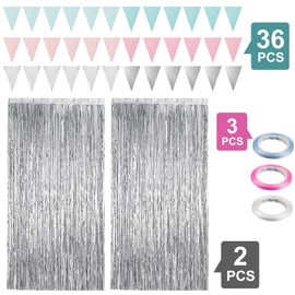 EEEKit 2M Silver Foil Tinsel Curtain Streamer, 36PCS Colourful Triangle Flag Double Side Bunting Banner for Disco Decor