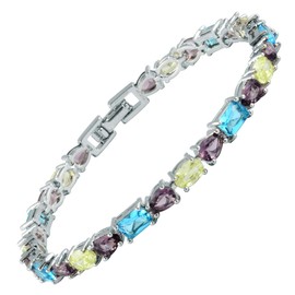 RIZILIA Emerald&Oval&Pear Cut Multi-color Cubic Zirconia CZ 18K White Gold Plated Tennis Bracelet, 7"
