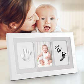 Marco Foto y Huellas Recuerdo de Bebe, Kit de Mano y Huella de Bebé, Conjunto de Marcos para Bebés con Arcilla de Secado Rápido, Almohadilla Sin Tinta, Pinceles, Pinturas, Recuerdo Perfecto para Bebé