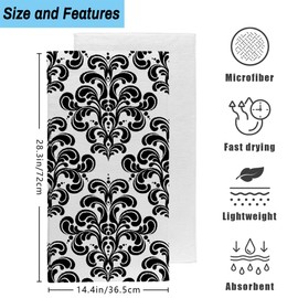 Gnhkmw Black White Damask Flowers Hand Towel Set of 2,Vintage Black Floral Bathroom Kitchen Hand Towel,Soft Absorbent Decorative for Bathroom Kitchen Hotel Gym Yoga