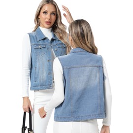 Xeoxarel Women's Denim Vest, Sleeveless Jean Jacket, Cropped Distressed Buttoned Washed Chest Pockets Blue Large