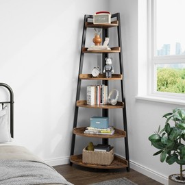 Rolanstar Corner Shelf, 6 Tier Corner Bookshelf, 70.9" Tall Display Organizer Storage Stand, Multipurpose Shelving Unit Ladder Shelf for Living Room, Home Office, Small Space, Rustic Brown