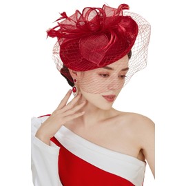 BABEYOND Women's Pillbox Fascinator Hat Kentucky Hat Feather Derby Tea Party Fascinator with Veil for Cocktail Red