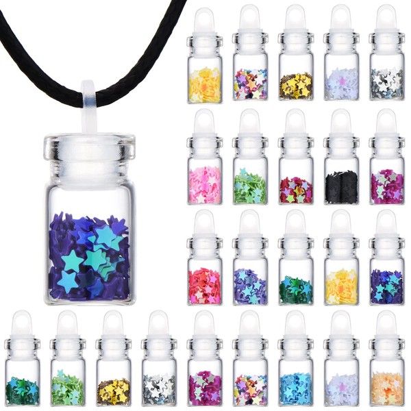 Pixie Necklaces Confetti Dust Bottles Mini Glass Bottle Necklace Wish Glass Jar with Glitter for Fairy Birthday Festive Party Daily Supplies (Star, 16 Pieces)