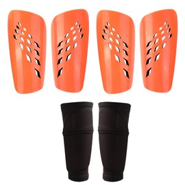 FIBOGOUP 2 Pairs of Football Shin Pads with Optimised Pocket - Non-Slip Socks - Children's Football Shin Pads (Orange L)