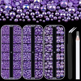 3 Boxes Flat Back AB Pearls Kit 9 Flatback VioletAB Half Round Pearls 3-10mm with Pickup Pencil and Tweezer for Home DIY and Professional Nail Art, Face Makeup and Craft