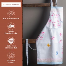 Maison d' Hermine Cloth Apron 100% Cotton 1 Piece Adjustable Neck Strap Easter Clothapron with Center Pocket & Long Ties for Women, Men, Banquet, Blossoms In Spring - Spring/Summer (70 cm x 85 cm)