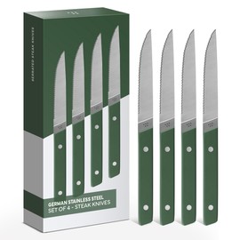 Misen Steak Knives Set of 4 - Precision Serrated Blades for Effortless Dining - German Stainless Steel - Superior Cuts with Four Steak Knives - Comfortable, Sleek Handles - Green