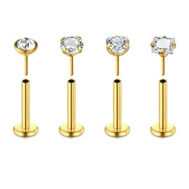 Rajnard 16G 8MM Tragus Earrings Stainless Steel Lip Rings Gold Labret Monroe Piercing Push In Helix Piercing Threadless Lip Stud Rings 4PCS