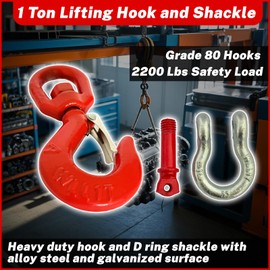 HENBOW 1 Ton Swivel Lifting Hooks and D Ring Shackles,G80 Chain Hooks with 3/8" Shackle,2200Lbs Safety Load Limit,Heavy Duty Alloy Steel Round Rotating Sling Towing Log Hook