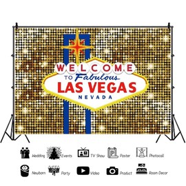 Xiaoterna 2.2 x 1.5 m Las Vegas Background Shiny Golden Sequins Welcome to Las Vegas Photography Background Fabulous Casino Birthday Luxury Prom Background Portraits Photo Prop