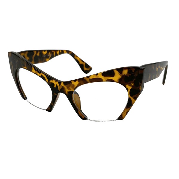 Gafas de ojo de gato sin montura semitransparente con lente semitransparente, parte inferior recortada, Café tortuga, L