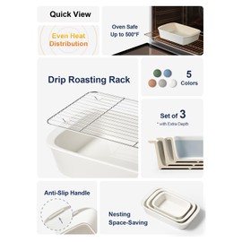 LE TAUCI Deep Casserole Dishes for Oven, 13.7”x9.6” Ceramic Baking Dish Set with Roasting Racks, Large Lasagna Pans with Handles, Rectangular Bakeware as Gift for Mom, White (4.6QT/3.0QT/1.6QT), Set of 3