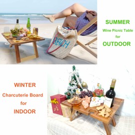 SASIDO Portable Wine Picnic Table Foldable, Wine Gifts, Acacia Wood, Charcuterie Board Tray, Bed Tray for Eating, Decor for Romantic Dinners, Beach, Camping, Concerts at Park, Glamping