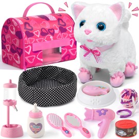 Golray Cat Toys for Kids Girls Gift, Electronic Interactive Plush Toy Cat Can Walk and Meow - 16 Pcs Carrier & Pet Groom Feed Care Pretend Play Set, Birthday Gift for Toddler Little Girl 3 4 5 6 7 8 9